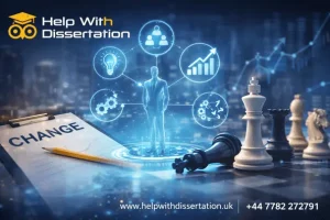 Illustration of organisational change management with leadership, strategy, digital transformation, and planning concepts, featuring Help With Dissertation branding