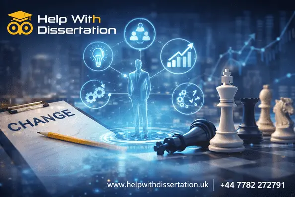 Illustration of organisational change management with leadership, strategy, digital transformation, and planning concepts, featuring Help With Dissertation branding