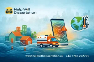 Featured image illustrating disaster management themes including flooding, emergency response vehicles, early warning technology, and climate resilience, branded with Help With Dissertation.