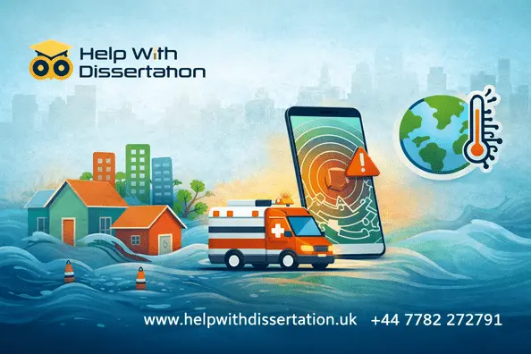 Featured image illustrating disaster management themes including flooding, emergency response vehicles, early warning technology, and climate resilience, branded with Help With Dissertation.