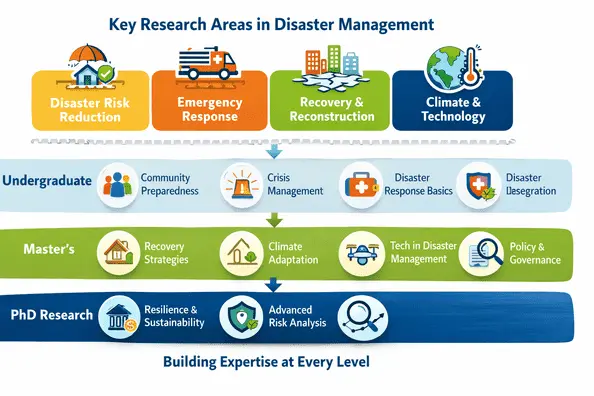 Infographic showing key research areas in disaster management, including risk reduction, emergency response, recovery, climate change, and technology, mapped to undergraduate, master’s, and PhD research levels.
