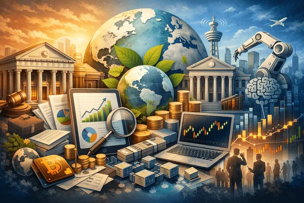 Modern illustration representing banking and finance research themes, including digital banking, ESG sustainability, financial markets, and regulatory analysis for academic dissertations.