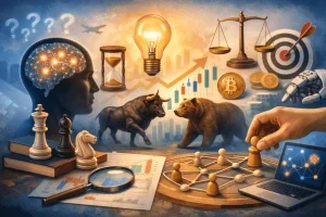 Conceptual illustration showing behavioural finance research themes including investor psychology, market behaviour, data analysis, and financial decision making in a modern academic setting