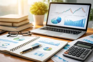 Financial management dissertation research workspace with laptop displaying financial charts, calculator, notebooks, and analytical documents on a study desk