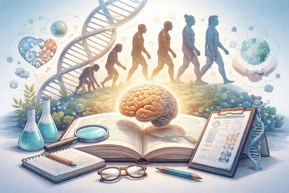Illustration showing human evolution, a brain, DNA, and scientific research tools representing evolutionary psychology concepts