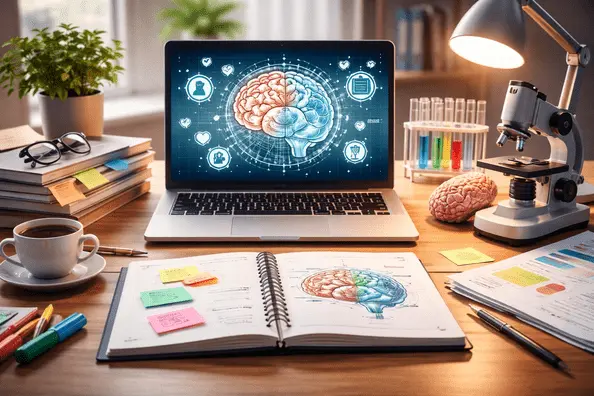 A well-organised academic workspace for clinical psychology research, featuring an open laptop displaying a brain illustration, textbooks, a notebook with brain diagrams, a microscope, test tubes, and writing tools, representing dissertation research and mental health studies.