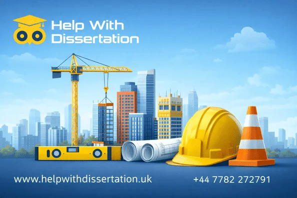 Construction themed illustration showing a city skyline, tower crane, safety helmet, blueprints, and the Help With Dissertation logo with website and contact number