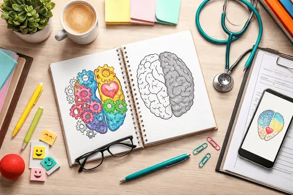 A digital banner showing a modern academic workspace with a notebook, laptop, and mental health icons, representing counseling psychology dissertation research for 2026.