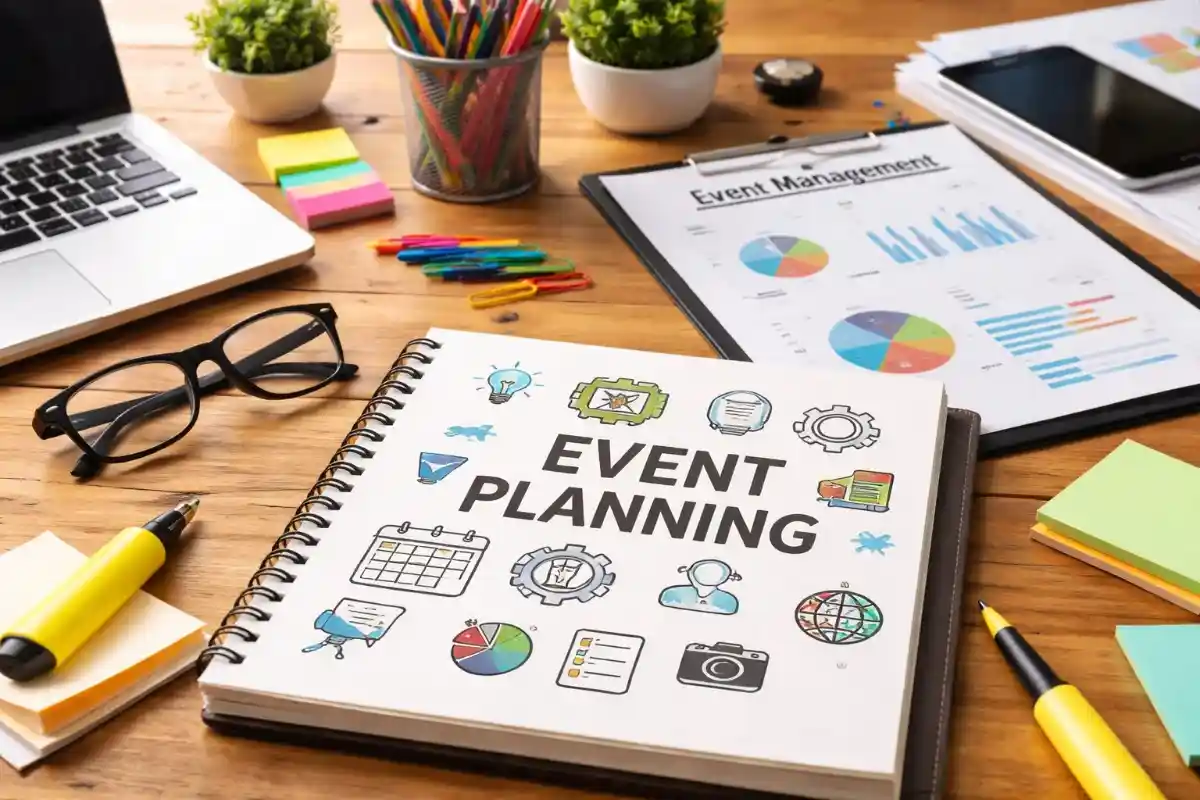 A wooden desk featuring an open spiral notebook with "Event Planning" doodles, a clipboard titled "Event Management" with charts, glasses, sticky notes, and a laptop.