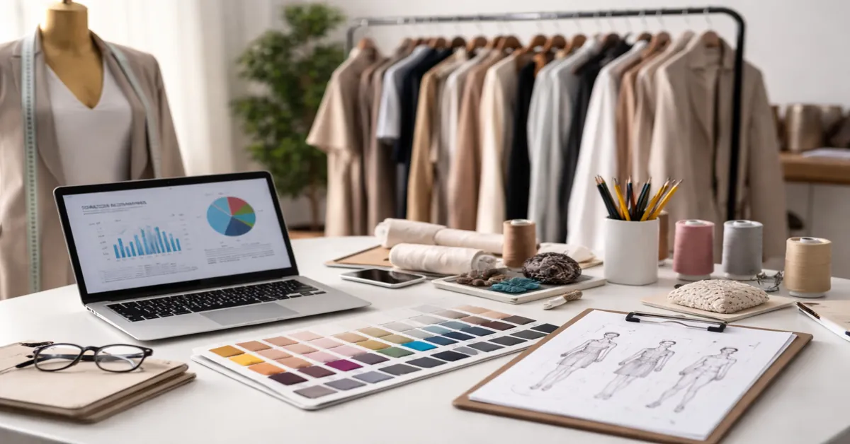 A bright fashion designer's studio table featuring a laptop with data charts, color swatches, fashion sketches on a clipboard, thread spools, and a clothing rack with neutral-colored garments in the background.
