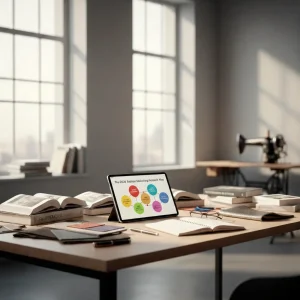 A digital tablet displaying a research framework map on a desk with academic textbooks and notebooks, representing a fashion marketing dissertation study.