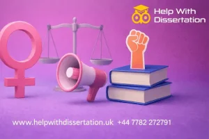 Feature image illustrating feminism dissertation themes with books, equality symbols, and academic imagery, representing research topics in feminist theory, law, media, education, health, and politics.