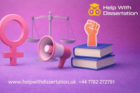 Feature image illustrating feminism dissertation themes with books, equality symbols, and academic imagery, representing research topics in feminist theory, law, media, education, health, and politics.