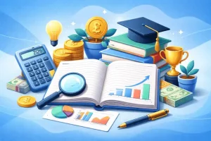 Illustration showing finance dissertation research with books, calculator, charts, coins, graduation cap, and academic study symbols