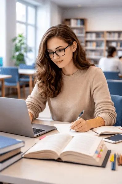 A serene study environment with a desk, open notebook, laptop, and research materials, symbolizing focus and academic research without any text or branding.