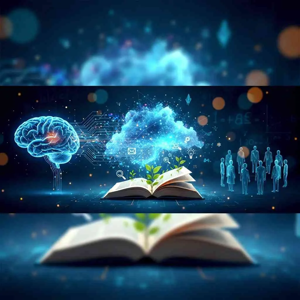 A conceptual digital graphic showcasing a glowing human brain connected to a cloud network above an open book with green sprouts, next to holographic employee figures representing human resource technology.