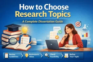 Student choosing a research topic using books, laptop, and checklist for a complete dissertation guide