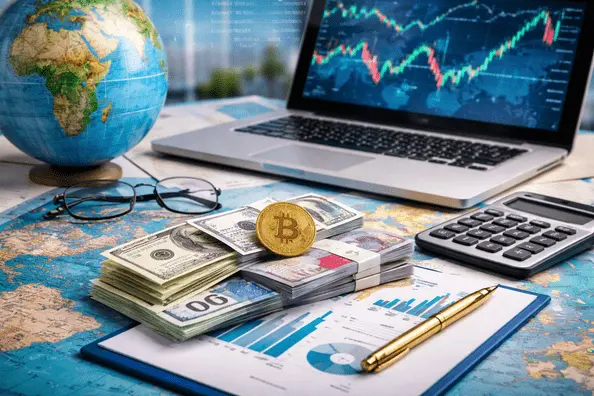 Global international finance research concept showing world map, financial charts, multiple currencies, Bitcoin, and a laptop analysing global markets