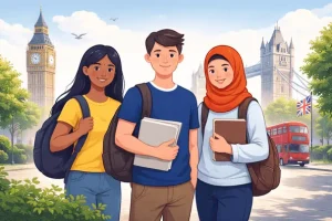Digital illustration of three international students of diverse cultural backgrounds standing in front of UK landmarks including Big Ben, Tower Bridge, and a red double-decker bus, holding books and backpacks, symbolising study abroad in the UK.