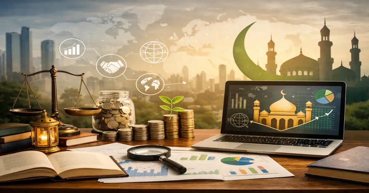 Academic workspace illustrating Islamic finance research with financial charts, Islamic architecture, sustainability symbols, and global finance concepts