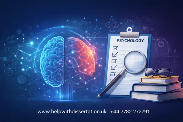 Digital illustration of a human brain with neural connections alongside psychology research materials, representing psychology dissertation topics and academic study