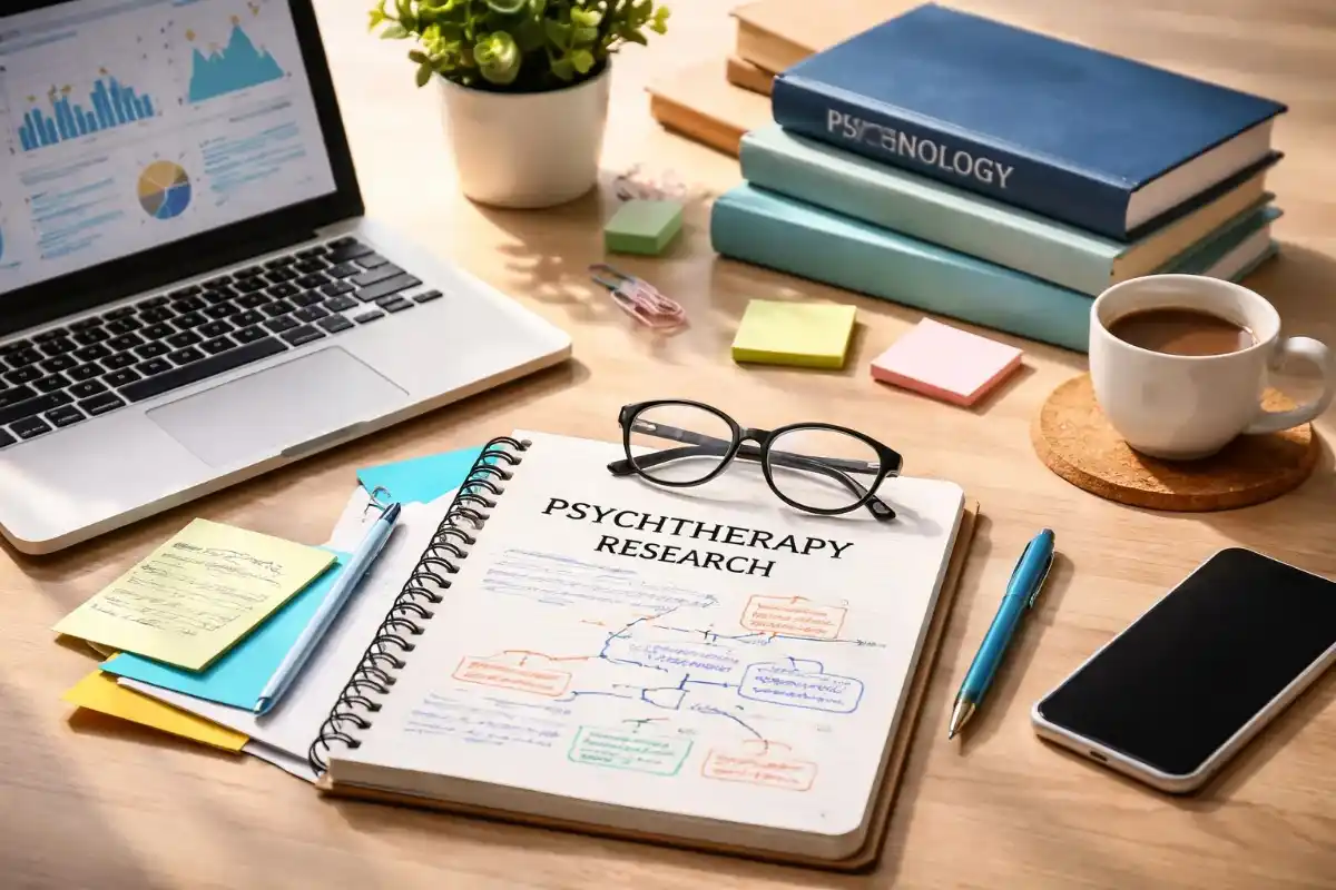 An organized wooden desk with a laptop displaying charts, a notebook titled Psychotherapy Research with flowcharts, glasses, stacked psychology books, a smartphone, and a cup of coffee.
