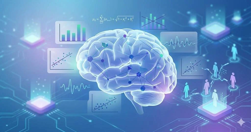 A digital illustration of a human brain with data nodes, statistical charts, formulas, and a behavioral network representing quantitative psychology research.