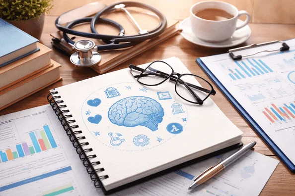 A medical research workspace with a notebook showing a human brain illustration, a stethoscope, and clinical charts, perfect for rehabilitation psychology dissertation topics.