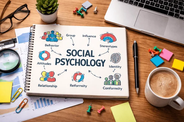 A spiral notebook on a wooden desk displaying a colorful mind map of social psychology concepts including behavior, group influence, stereotypes, identity, conformity, and attitudes.