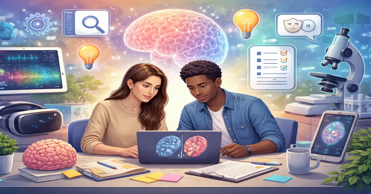 Cognitive psychology research concept showing students analysing brain activity, memory, attention, and decision making using digital tools