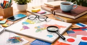 A colorful world map displayed inside a spiral notebook on a wooden desk, surrounded by international flags, a magnifying glass, eyeglasses, textbooks, and a coffee cup.