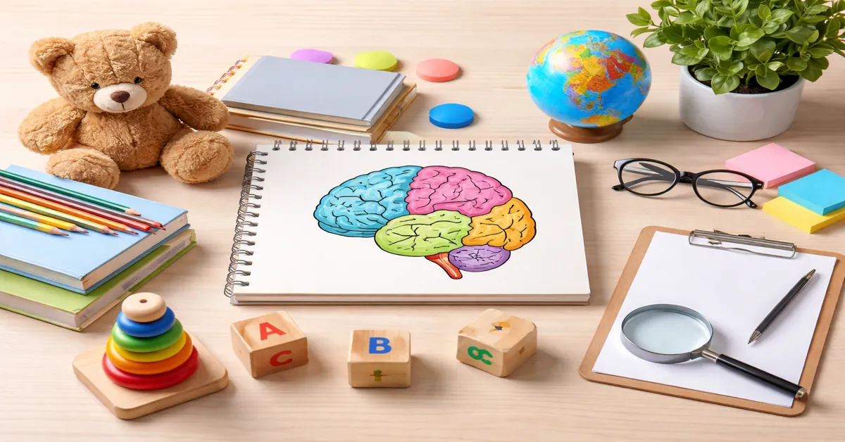 Educational materials representing developmental psychology research, including brain illustration, learning tools, and childhood development objects