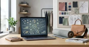A modern workspace with a laptop displaying fashion industry data analytics charts next to a fabric roll, luxury handbag, high heel, and a mood board, representing fashion business dissertation research in 2026.
