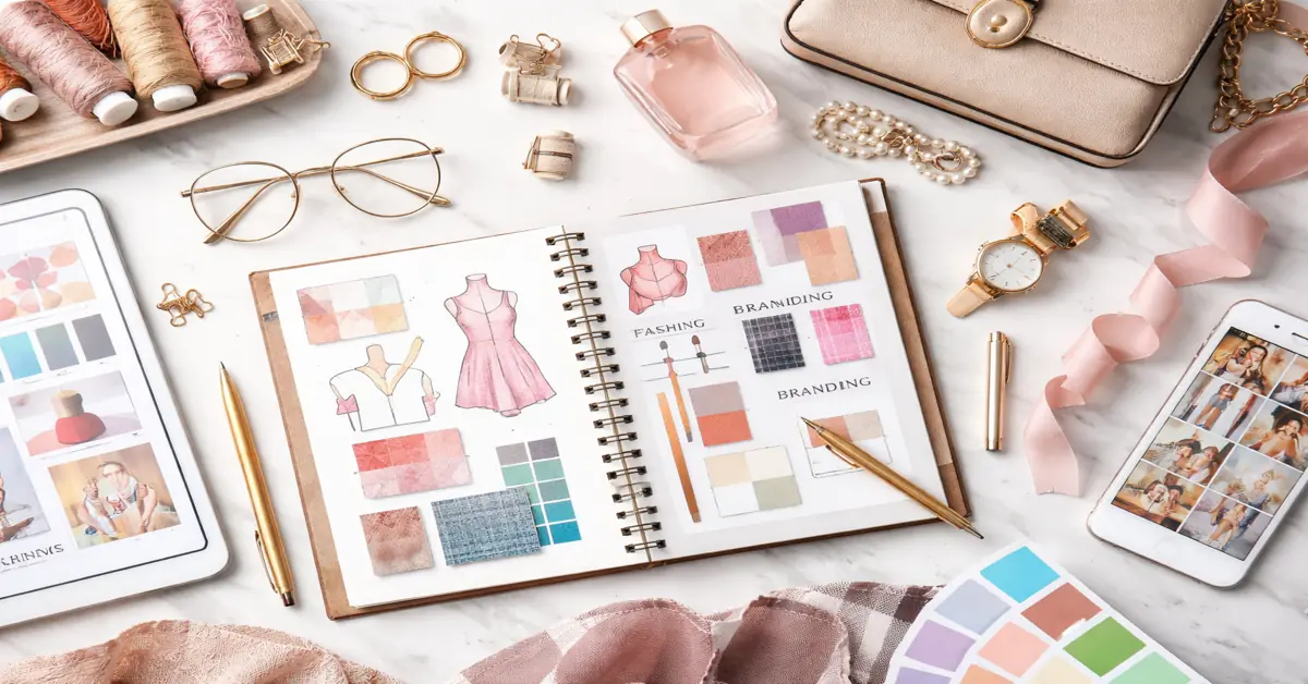 Flat lay of fashion branding research materials including sketches, colour palettes, digital devices, and luxury accessories representing fashion branding dissertation topics
