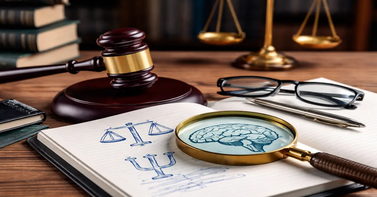 Forensic psychology research concept showing a judge’s gavel, brain illustration, and legal symbols representing psychology and criminal justice