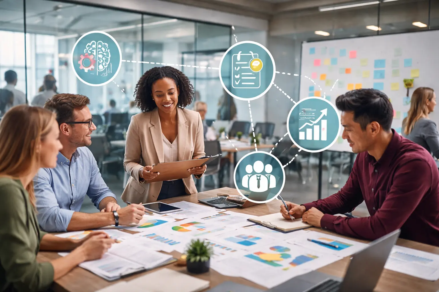 Professionals collaborating in a modern office environment representing industrial-organizational psychology research and workplace behaviour