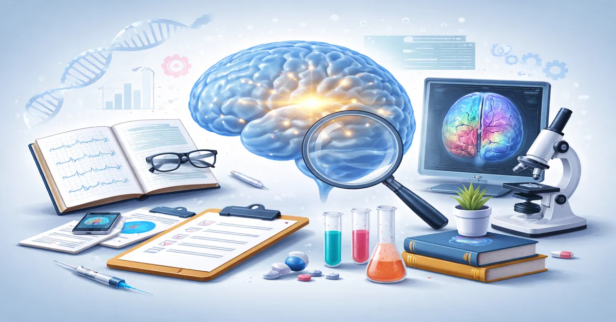 Illustration representing neuropsychology research with a human brain, neural connections, and cognitive science tools