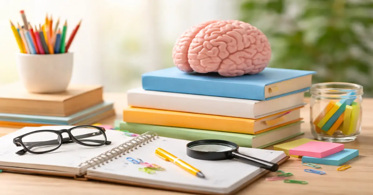 Study desk with psychology books, brain model, notebook, and stationery representing positive psychology dissertation research