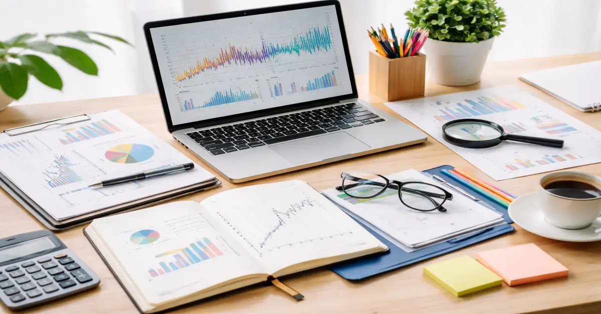 Creative fashion business workspace showing digital marketing, sustainability concepts, and retail strategy research for fashion business dissertation topics