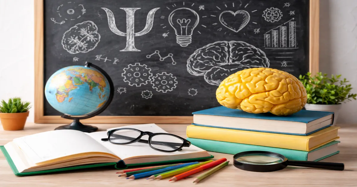 School psychology research concepts with books, brain model, and classroom psychology symbols