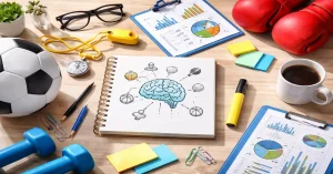 Sports psychology research workspace showing brain illustration, sports equipment, and performance analysis materials