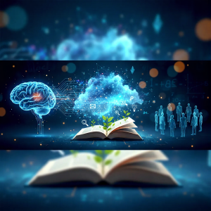 An abstract digital illustration representing educational psychology and cognitive development. It features a glowing blue human brain connected by circuit lines to a cloud of digital data icons, symbolising information processing. In the centre, an open book has small green plants growing from its pages to represent growth and learning. To the right, a group of translucent human figures stands together, signifying inclusive education and social interaction. The background is a professional deep blue with soft, shimmering bokeh light effects.