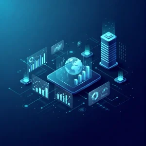 A high-tech isometric 3D illustration featuring a glowing digital globe surrounded by floating data analytics charts, server towers, and interconnected network nodes in a professional deep blue and cyan colour palette, representing global information systems management.