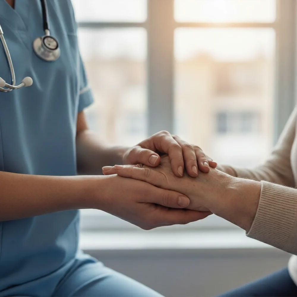 Gemini said A close-up photograph of a nurse in blue scrubs gently holding the hands of an elderly patient in a sunlit room, symbolising compassion, support, and professional care in dementia nursing.