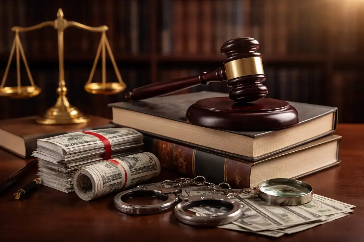 A judge's gavel on law books next to stacks of US dollar bills, handcuffs, and a scale of justice, representing anti-corruption law and financial fraud enforcement.