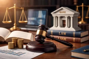 A wooden judge gavel sits on a desk next to stacks of gold coins a miniature bank building model law books and scales of justice representing financial regulations and legal disputes.
