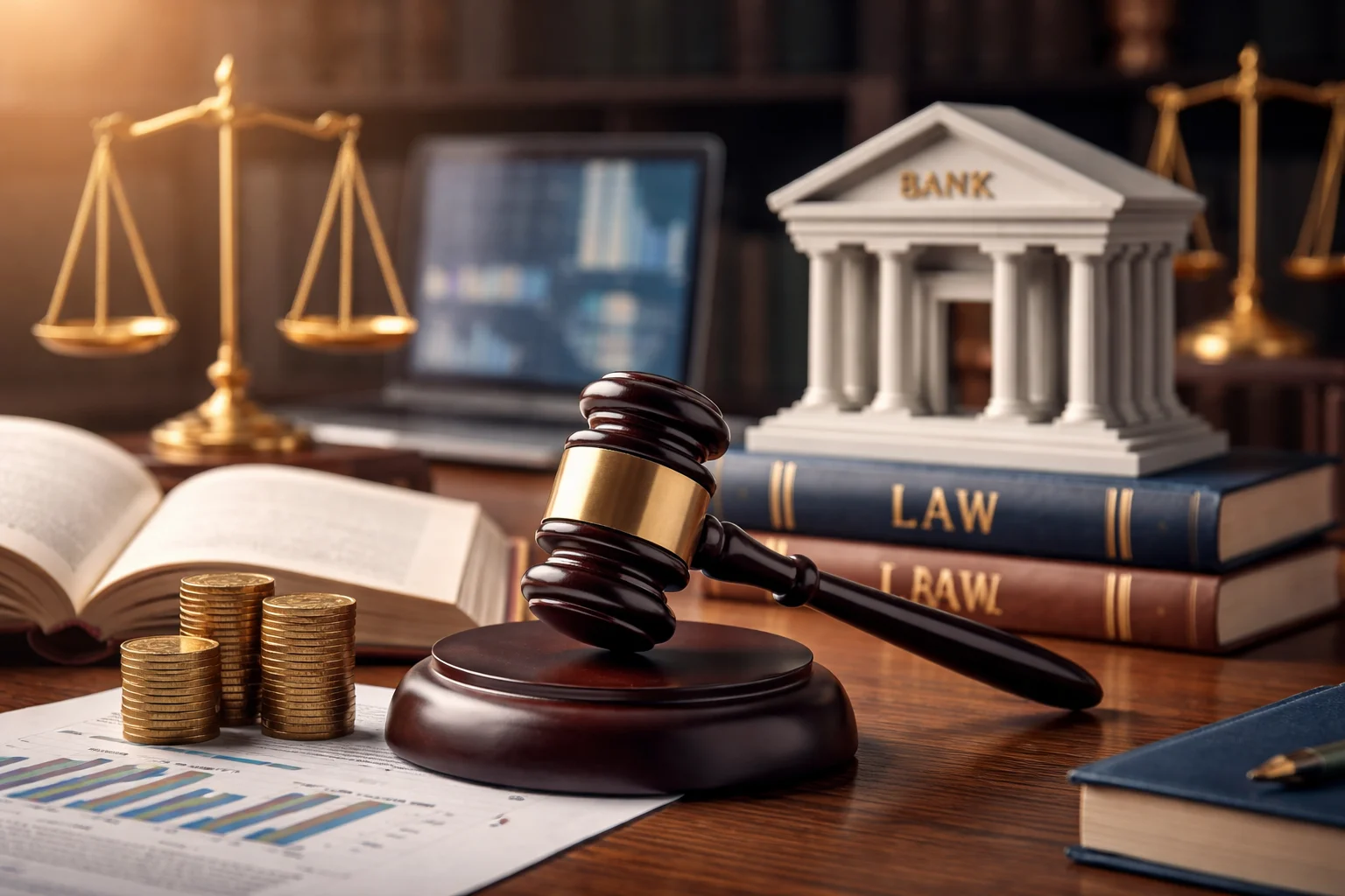 A law-themed desk setup featuring a wooden gavel, stacks of coins, an open law book, balanced scales, and a model of a bank, symbolising banking law, financial regulation, and legal research.