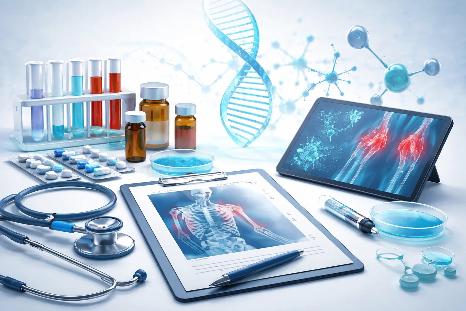 A digital illustration showing rheumatology research elements including a glowing DNA helix, lab test tubes, medication, stethoscope, and tablet displaying inflamed joints, representing medical research and clinical studies.
