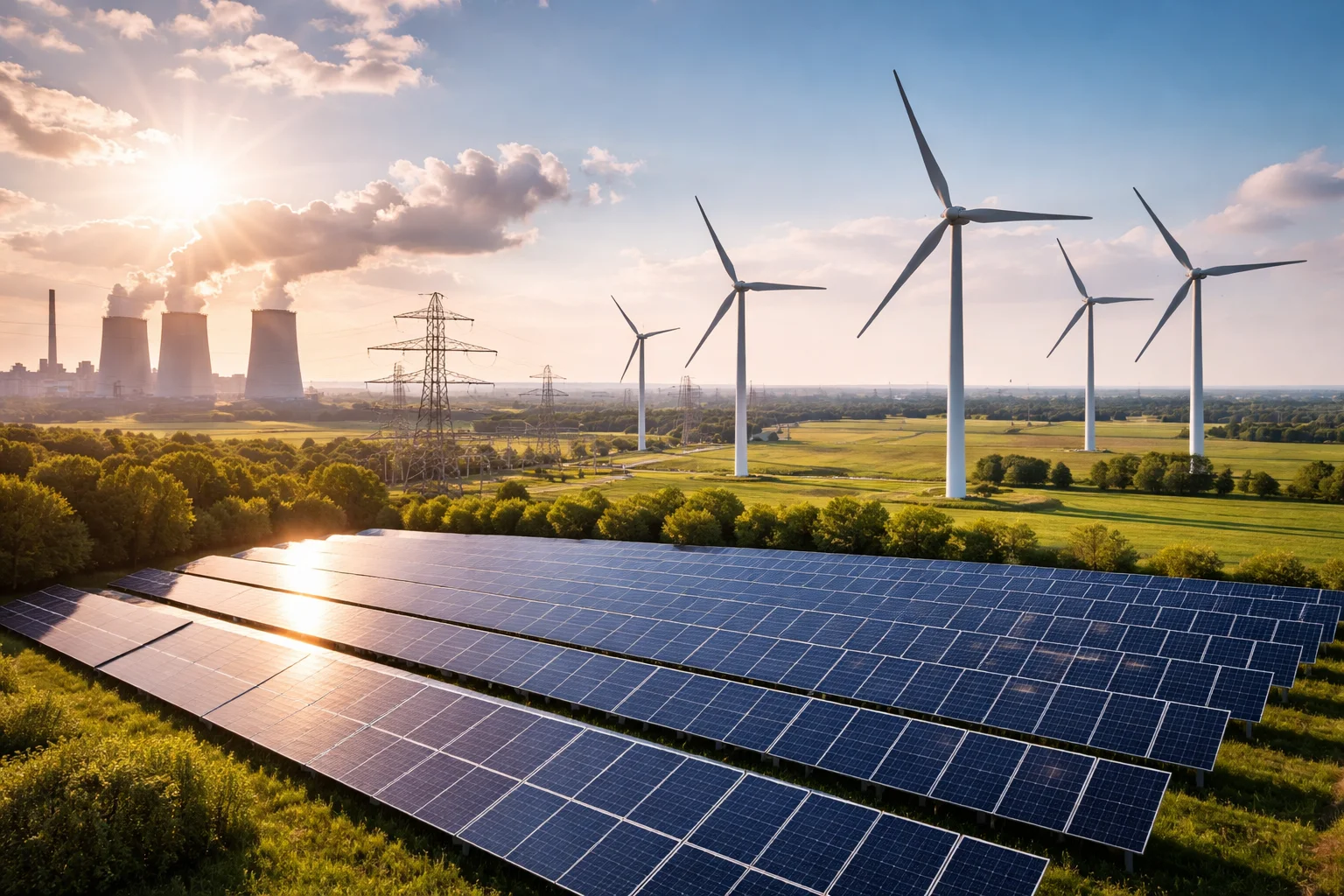 A landscape showing solar panels in the foreground, wind turbines across green fields, and an industrial power plant with cooling towers in the background, connected by power lines, representing energy infrastructure and regulation.
