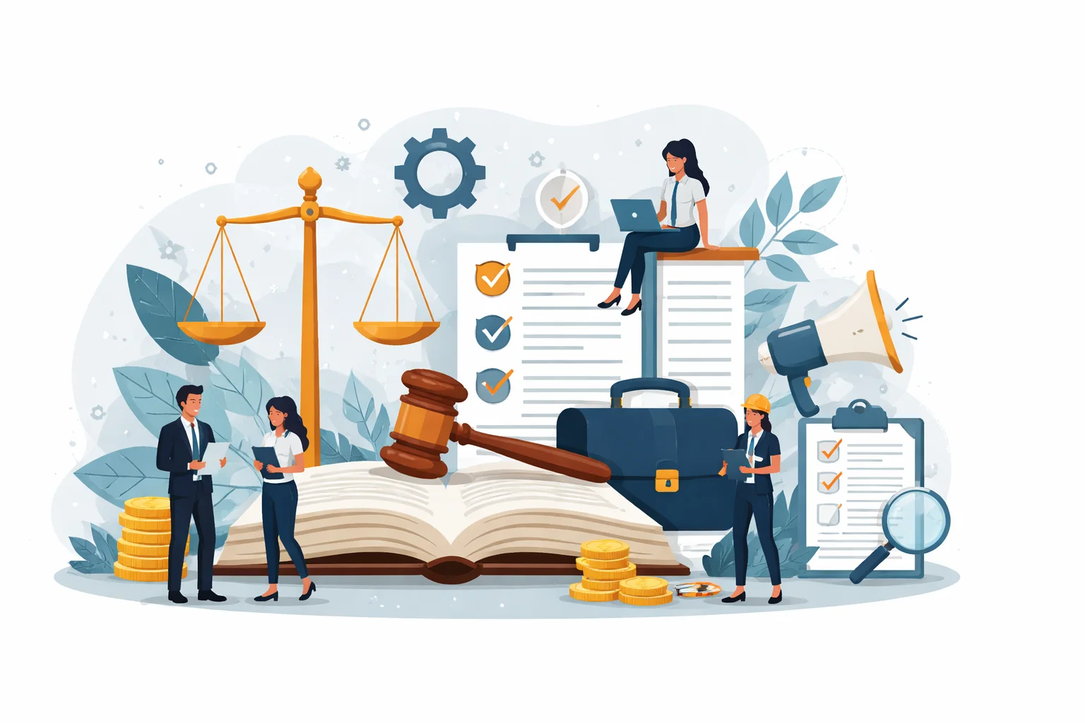 Illustration of labor law research showing a balanced scale of justice, a gavel, open legal books, a laptop with documents, and workers interacting, representing employment law, dissertations, and academic research.